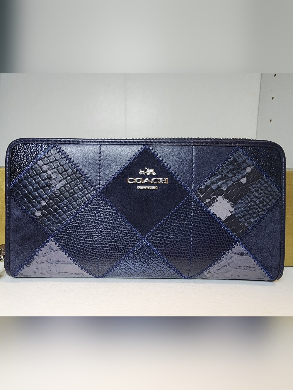 ✨️NWT✨️ Coach Suede Exotic Patchwork Accordian Long Wallet, Midnight, 2016, $295